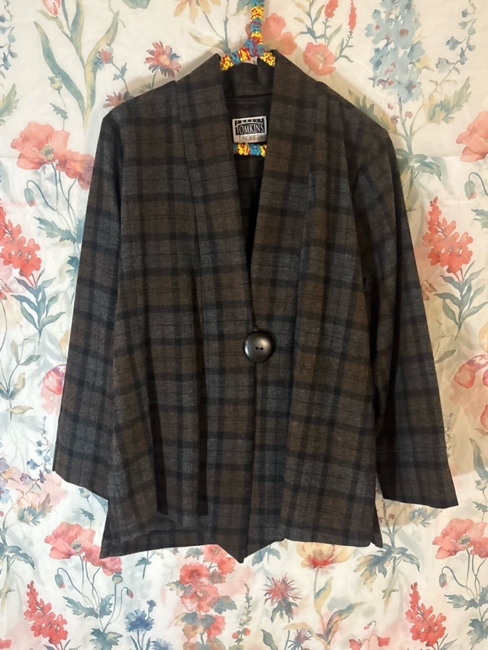 Vintage Gray Plaid Women's Jacket - Single Button Blazer